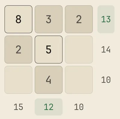 A partially solved Crossums grid — rows and columns with target sums, two already satisfied