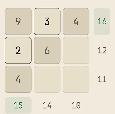 A partially solved Crossums grid - rows and columns with target sums, two already satisfied