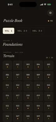 Crossums puzzle book screen - chapter grid showing puzzle numbers and diamond progress for Volume I