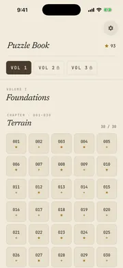 Crossums puzzle book screen - chapter grid showing puzzle numbers and diamond progress for Volume I