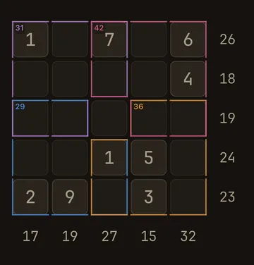 Crossums puzzle screen — a 5×5 grid with four overlapping colored regions, showing cells that count toward two sums at once