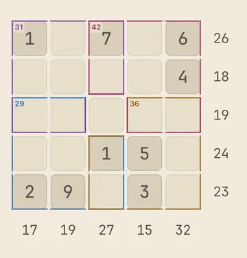 Crossums puzzle screen — a 5×5 grid with four overlapping colored regions, showing cells that count toward two sums at once