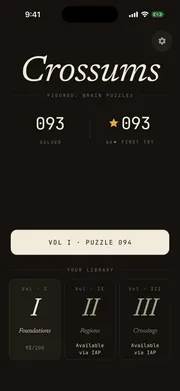 Crossums home screen - puzzles solved, first-try diamond count, and your puzzle book library by volume