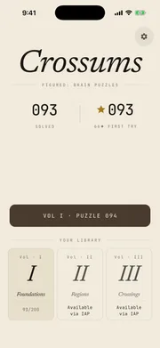 Crossums home screen - puzzles solved, first-try diamond count, and your puzzle book library by volume