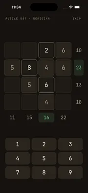 Crossums puzzle screen — a 4×4 grid with row and column target sums and a number pad