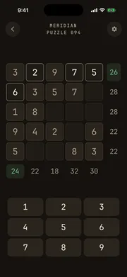 Crossums puzzle screen - a 5×5 grid with row and column target sums and a number pad
