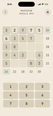 Crossums puzzle screen - a 5×5 grid with row and column target sums and a number pad