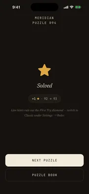 Crossums solved screen - puzzle complete with a first-try diamond and a next puzzle button