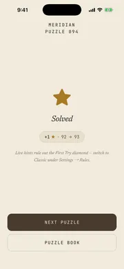 Crossums solved screen - puzzle complete with a first-try diamond and a next puzzle button