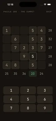 Crossums puzzle screen — a 5×5 grid with row and column target sums and a number pad