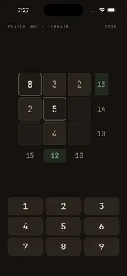 Crossums puzzle screen — a 3×3 grid with row and column target sums and a number pad