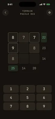 Crossums puzzle screen - a 3×3 grid with row and column target sums and a number pad