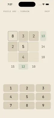 Crossums puzzle screen — a 3×3 grid with row and column target sums and a number pad