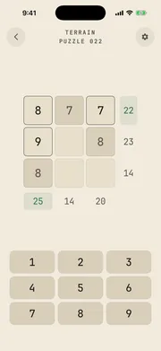 Crossums puzzle screen - a 3×3 grid with row and column target sums and a number pad