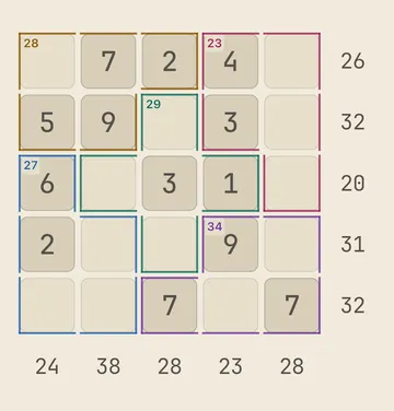 Crossums puzzle screen — a 5×5 grid with colored region outlines in addition to row and column target sums