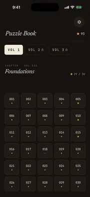 Sequences puzzle book screen - chapter grid showing puzzle numbers and diamond progress for Volume I