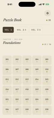 Sequences puzzle book screen - chapter grid showing puzzle numbers and diamond progress for Volume I