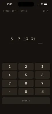 Sequences puzzle screen — puzzle 159, chapter 4 depths, guessing the next number in a sequence