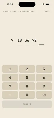 Sequences puzzle screen — puzzle 002, chapter 1 foundations, guessing the next number in a sequence