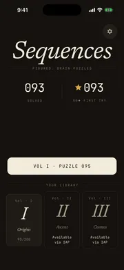 Sequences home screen - puzzles solved, first-try diamond count, and your puzzle book library by volume