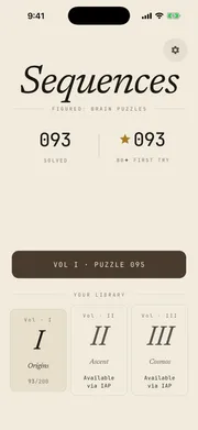 Sequences home screen - puzzles solved, first-try diamond count, and your puzzle book library by volume