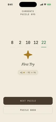 Sequences solved screen - puzzle complete with a first-try diamond and a next puzzle button
